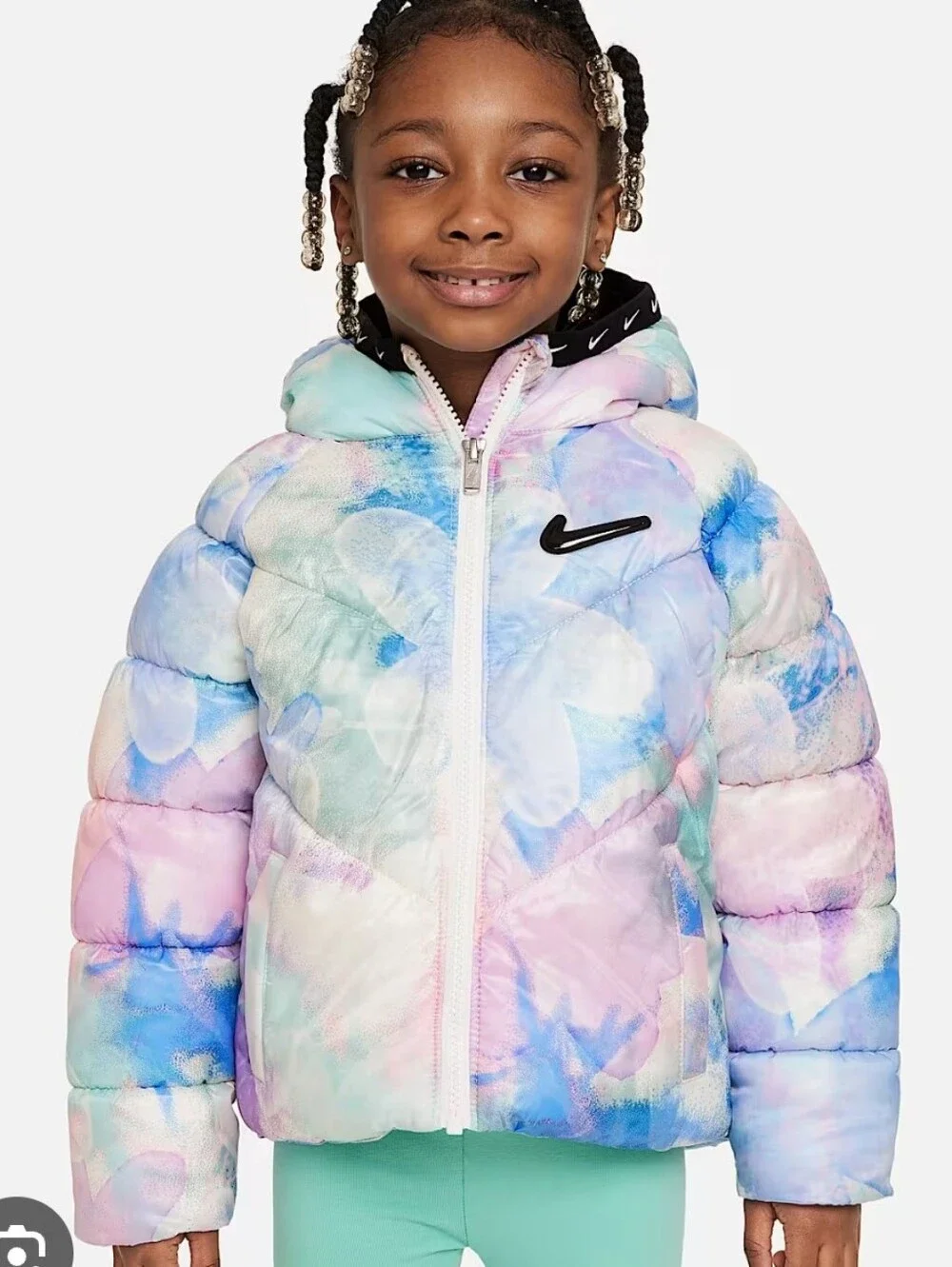 Nike Girl's Full-Zip Puffer Jacket Hooded Pastel Swirl Kids Sz Small (4-5 years)